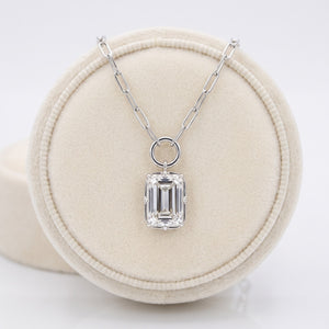 Lab Grown Diamond Emerald Cut Charm Pendant on Paperclip Chain, 2 ct, 18K White Gold, in the RockHer presentation box