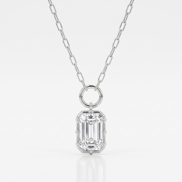 Lab Grown Diamond Emerald Cut Charm Pendant on Paperclip Chain, 3 ct, 18K White Gold, front view