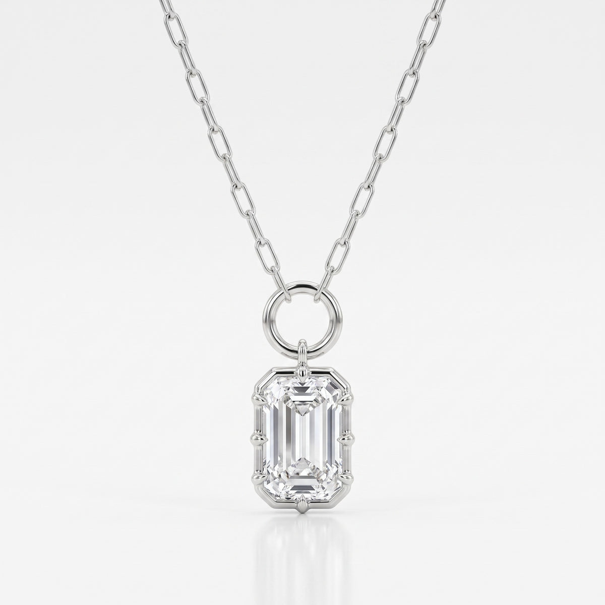 Lab Grown Diamond Emerald Cut Charm Pendant on Paperclip Chain, 4 ct, 18K White Gold, front view