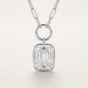 Lab Grown Diamond Emerald Cut Charm Pendant on Paperclip Chain, 2 ct, 18K White Gold, close up of charm and paperclip chain
