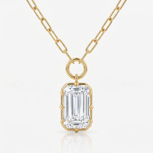 Lab Grown Diamond Emerald Cut Charm Pendant on Paperclip Chain, 4 ct, 18K Yellow Gold, front view