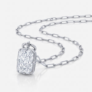 Lab Grown Diamond Radiant Cut Charm Pendant on Paperclip Chain, 4 ct, 18K White Gold, angled view