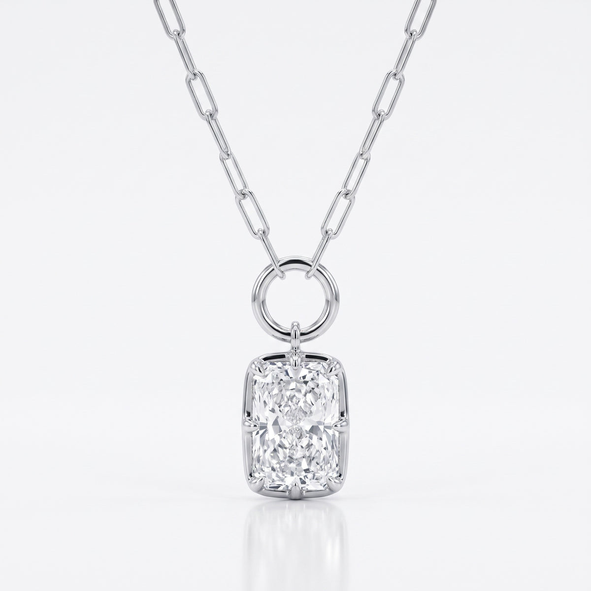 Lab Grown Diamond Radiant Cut Charm Pendant on Paperclip Chain, 3 ct, 18K White Gold, front view