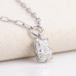 Lab Grown Diamond Radiant Cut Charm Pendant on Paperclip Chain, 2 ct, 18K White Gold, close up of charm and paperclip chain