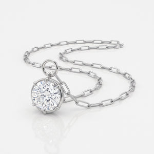 Lab Grown Diamond Round Brilliant Charm Pendant on Paperclip Chain, 3 ct, 18K White Gold, angled view