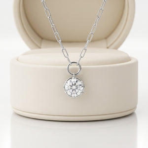 Lab Grown Diamond Round Brilliant Charm Pendant on Paperclip Chain, 4 ct, 18K White Gold, in the RockHer presentation box