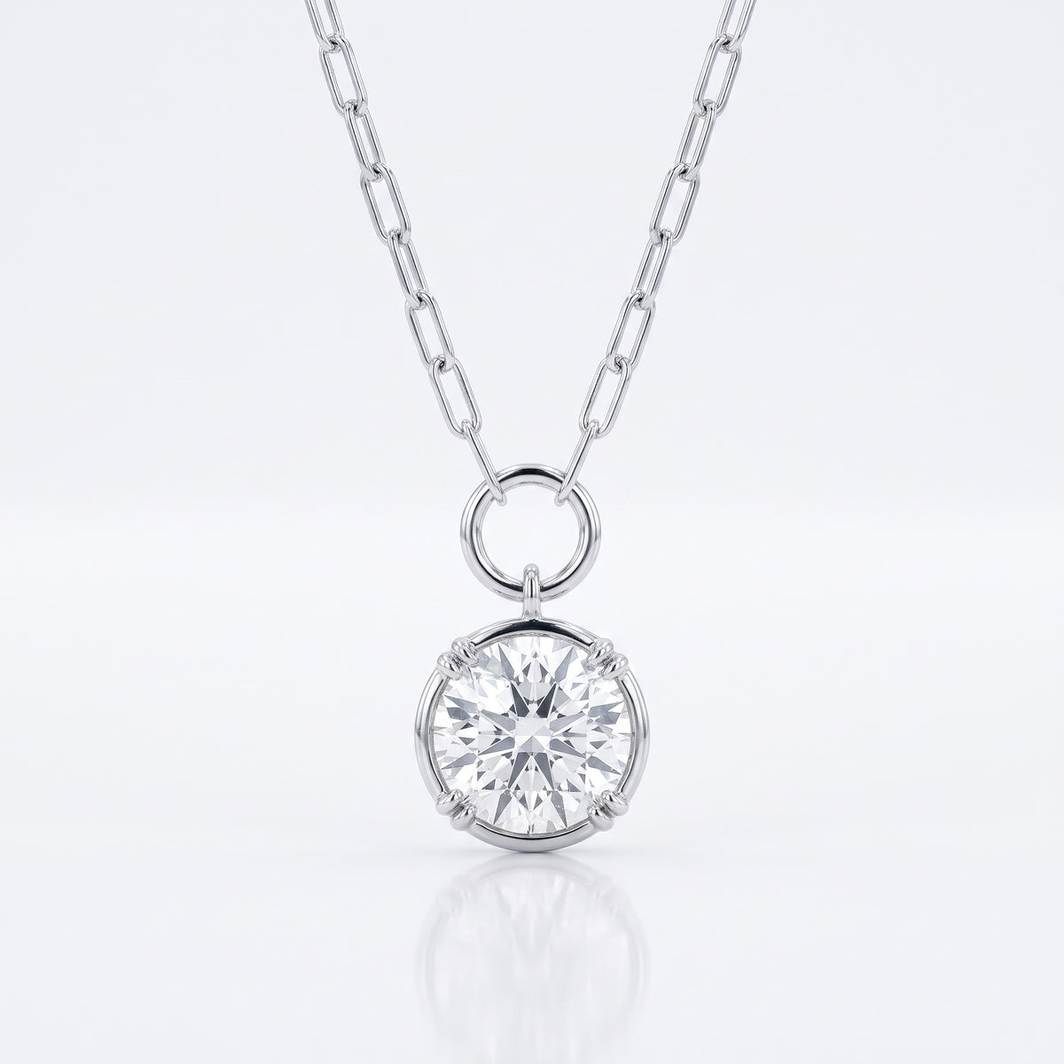 Lab Grown Diamond Round Brilliant Charm Pendant on Paperclip Chain, 2 ct, 18K White Gold, front view