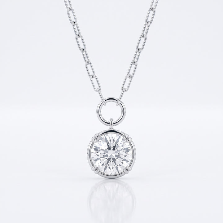 Lab Grown Diamond Round Brilliant Charm Pendant on Paperclip Chain, 2 ct, 18K White Gold, front view