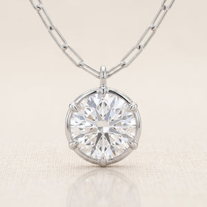 Lab Grown Diamond Round Brilliant Charm Pendant on Paperclip Chain, 2.5 ct, 18K White Gold, close up of charm and paperclip chain