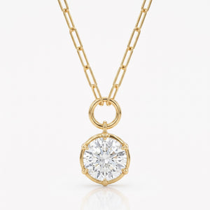 Lab Grown Diamond Round Brilliant Charm Pendant on Paperclip Chain, 4 ct, 18K Yellow Gold, front view