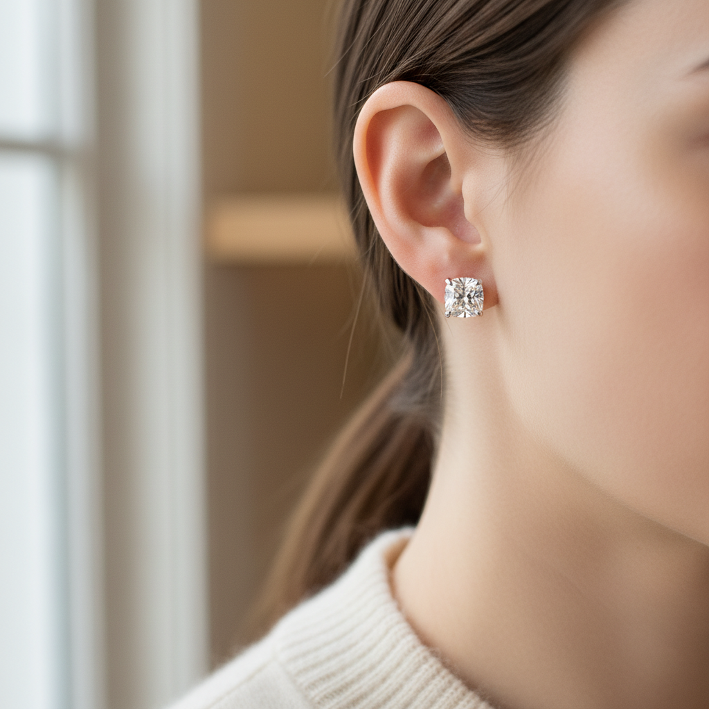 Lab Grown Diamond Cushion 4-Prong Stud Earrings · 4ct tw, portrait close, 18K White Gold