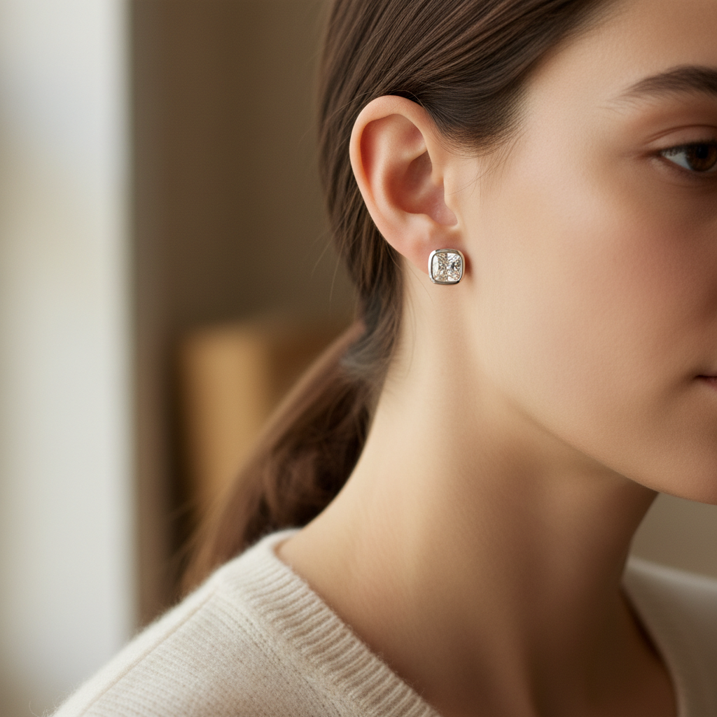 Lab Grown Diamond Cushion Bezel Stud Earrings · 2ct tw, portrait close, 18K White Gold