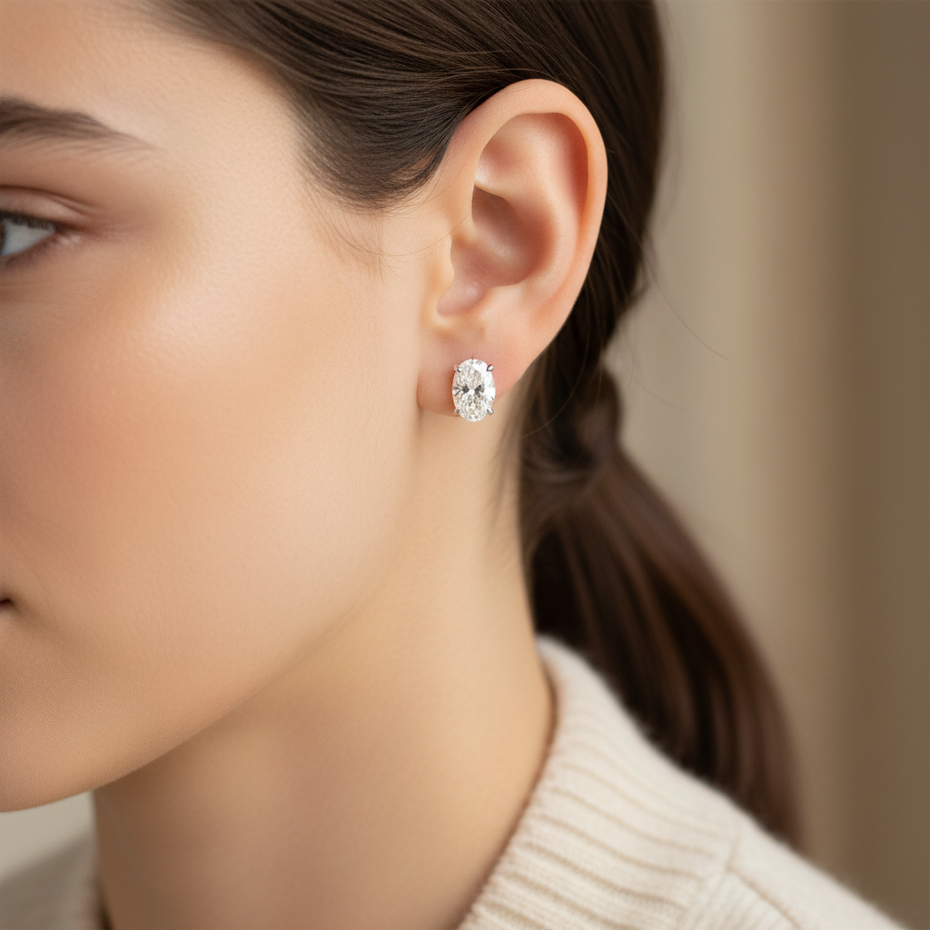 Lab Grown Diamond Oval 4-Prong Stud Earrings · 2.5ct tw, portrait close, 18K White Gold