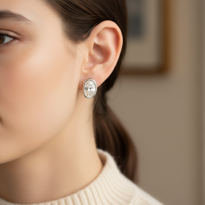 Lab Grown Diamond Oval Bezel Stud Earrings · 1.5ct tw, portrait close, 18K White Gold