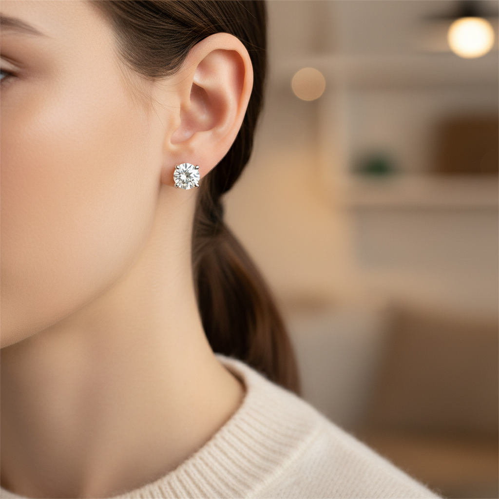 Lab Grown Diamond Round 4-Prong Stud Earrings · 2ct tw, portrait close, 18K White Gold