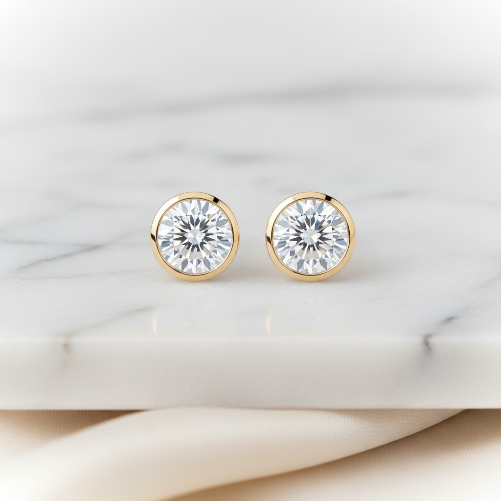 1.5ct tw Round Brilliant Natural Diamond Stud Earrings, Bezel — 18K White Gold