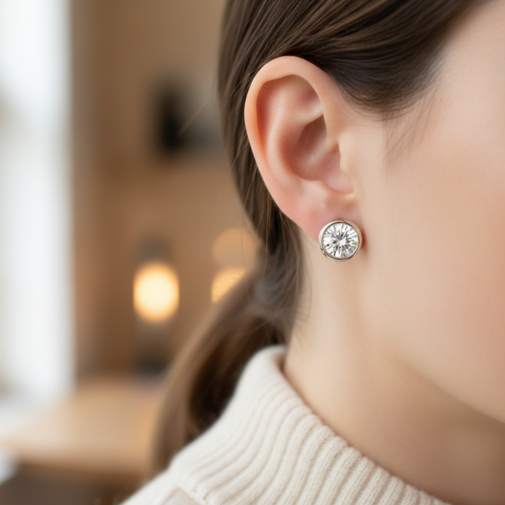 Lab Grown Diamond Round Bezel Stud Earrings · 1ct tw, portrait close, 18K White Gold