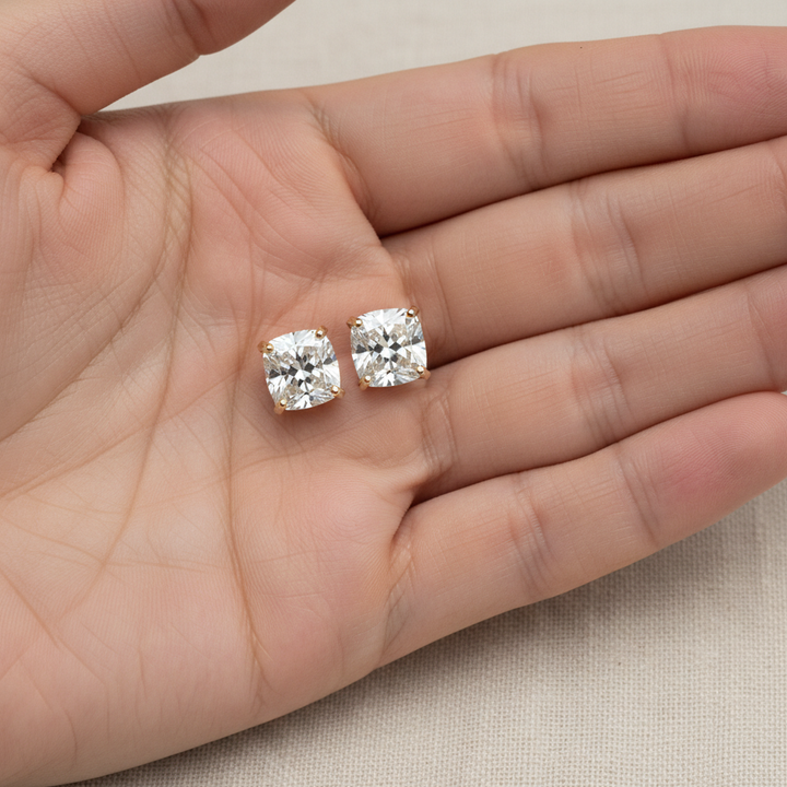 Lab Grown Diamond Cushion 4-Prong Stud Earrings · 2ct tw, hand full, 18K Yellow Gold
