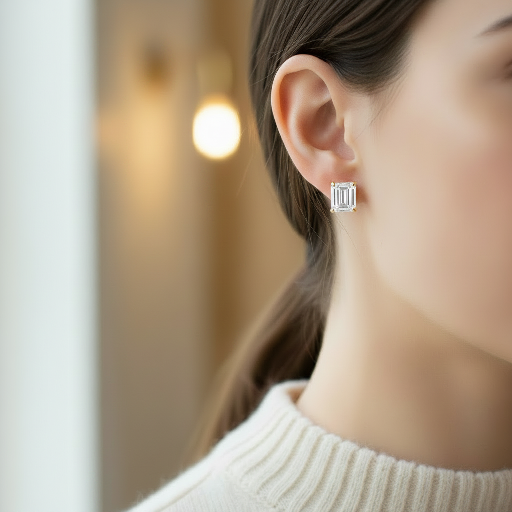 Emerald cut lab diamond stud earrings, four-prong basket, 18K yellow gold, close portrait view