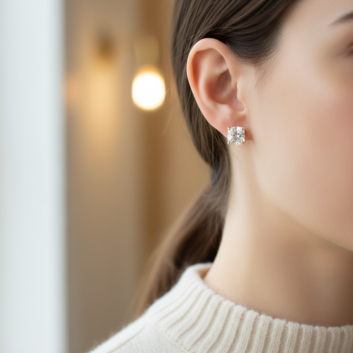 Lab Grown Diamond Cushion 4-Prong Stud Earrings · 1ct tw, portrait close, 18K Yellow Gold