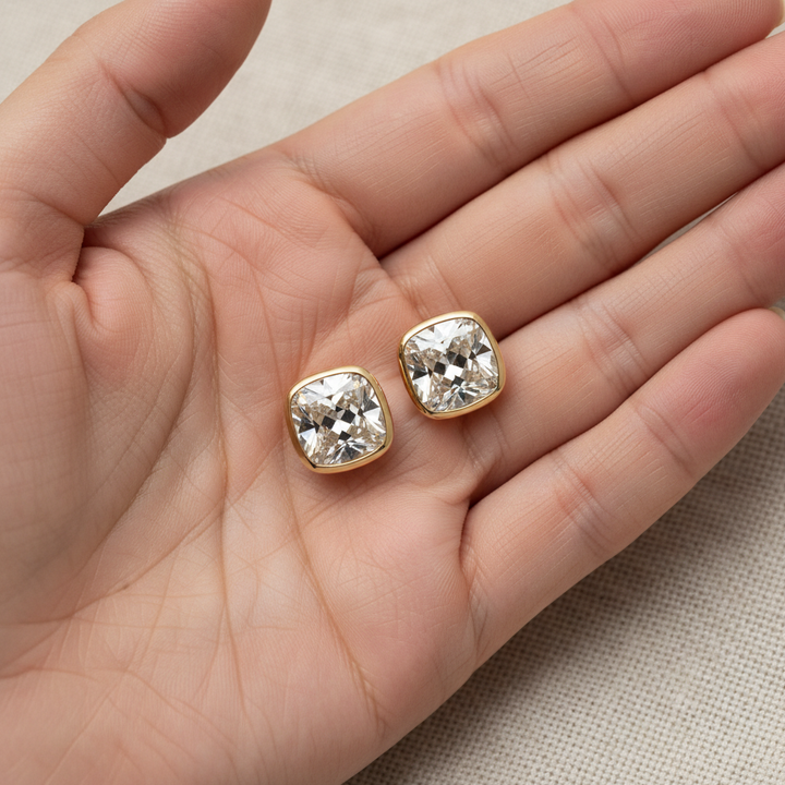 Lab Grown Diamond Cushion Bezel Stud Earrings · 5ct tw, hand full, 18K Yellow Gold