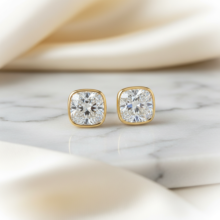 Lab Grown Diamond Cushion Bezel Stud Earrings · 2ct tw — 18K Yellow Gold