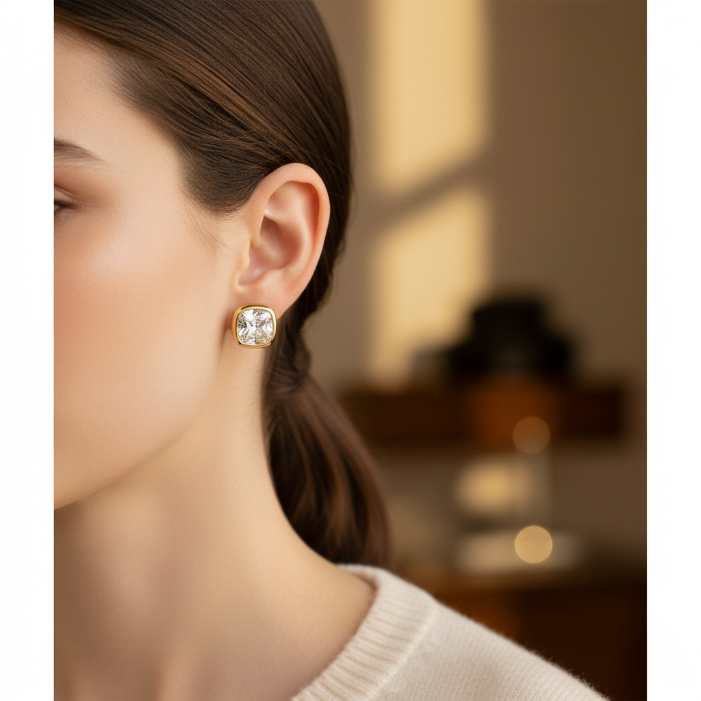 Lab Grown Diamond Cushion Bezel Stud Earrings · 3ct tw — portrait close — 18K Yellow Gold