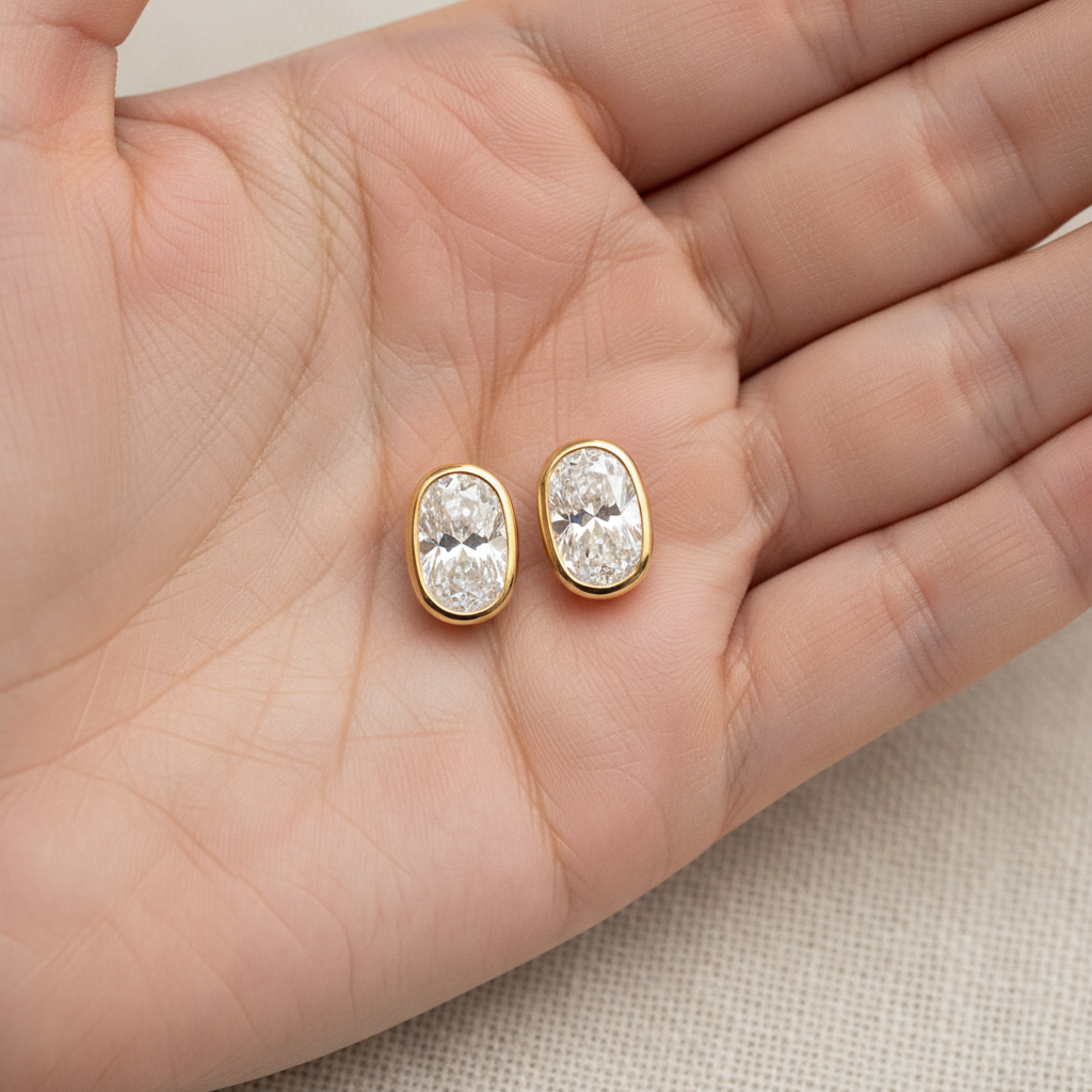 Lab Grown Diamond Oval Bezel Stud Earrings · 4ct tw, hand full, 18K Yellow Gold