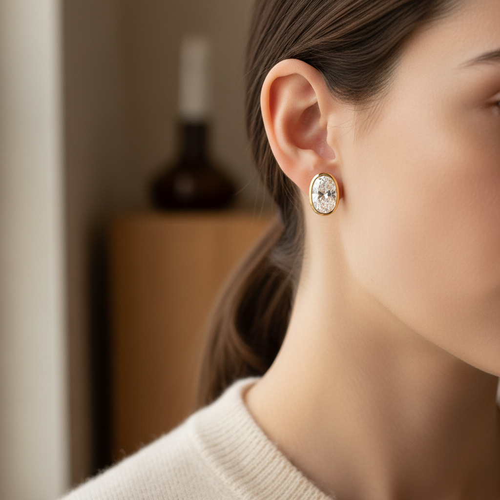 Lab Grown Diamond Oval Bezel Stud Earrings · 2.5ct tw, portrait close, 18K Yellow Gold