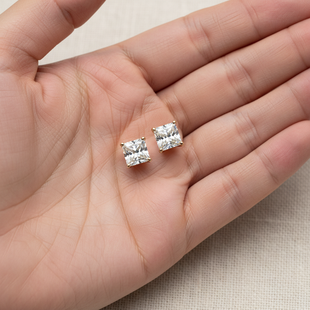 Lab Grown Diamond Princess 4-Prong Stud Earrings · 2.5ct tw, hand full, 18K Yellow Gold