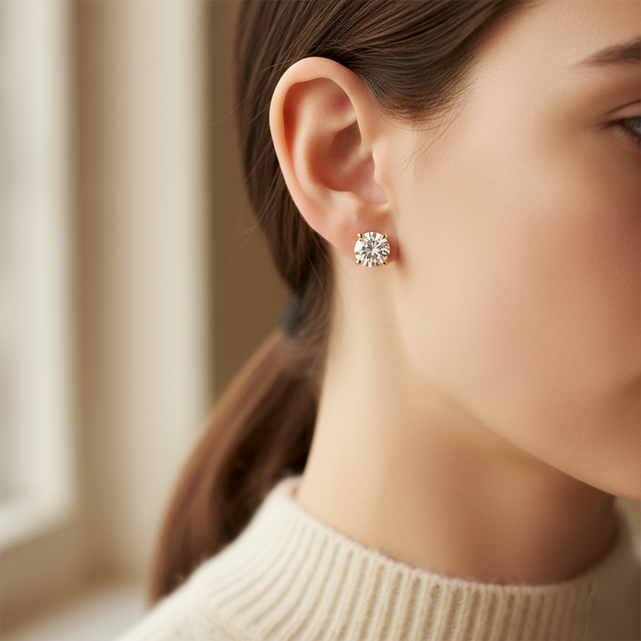 Lab Grown Diamond Round 4-Prong Stud Earrings · 3ct tw, portrait close, 18K Yellow Gold