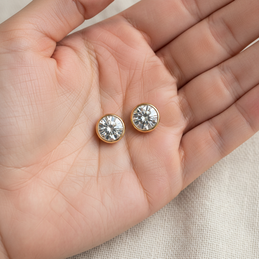 Lab Grown Diamond Round Bezel Stud Earrings · 3ct tw, hand full, 18K Yellow Gold
