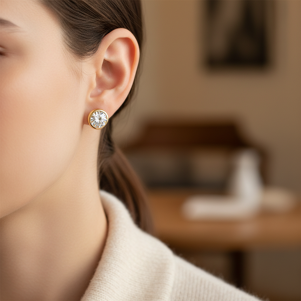 Lab Grown Diamond Round Bezel Stud Earrings · 2ct tw, portrait close, 18K Yellow Gold