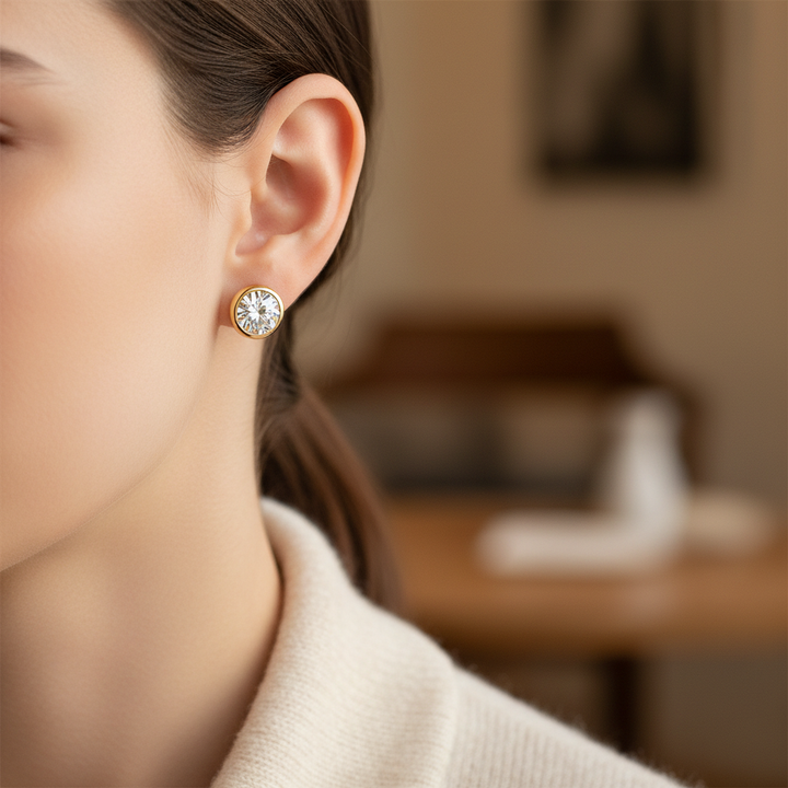 Lab Grown Diamond Round Bezel Stud Earrings · 2ct tw, portrait close, 18K Yellow Gold
