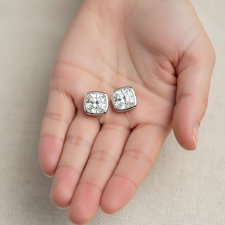Lab Grown Diamond Cushion Bezel Stud Earrings · 1.5ct tw, hand full, 14K White Gold