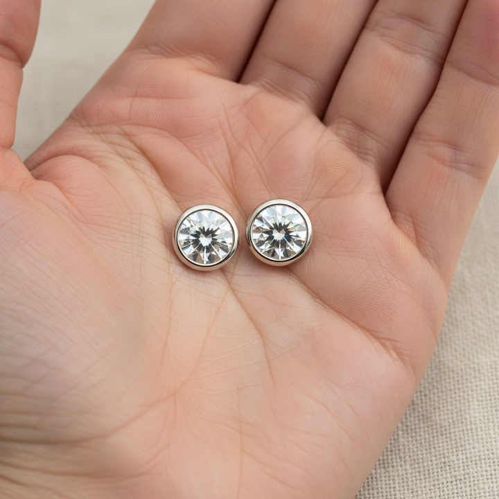 Lab Grown Diamond Round Bezel Stud Earrings · 5ct tw, hand full, 14K White Gold