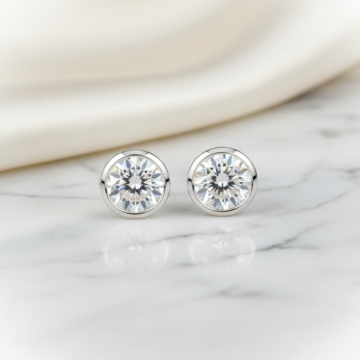 1.5ct tw Round Brilliant Natural Diamond Stud Earrings, Bezel — 14K White Gold