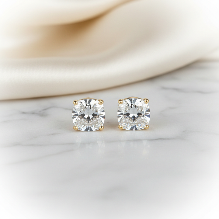 Natural Diamond Cushion 4-Prong Stud Earrings · 2ct tw — 14K Yellow Gold