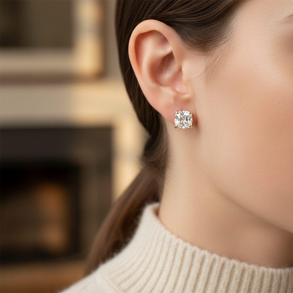 Lab Grown Diamond Cushion 4-Prong Stud Earrings · 1.5ct tw, portrait close, 14K Yellow Gold