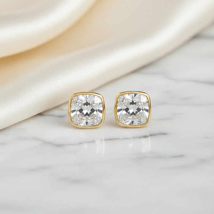 Natural Diamond Cushion Bezel Stud Earrings · 2.5ct tw — 14K Yellow Gold
