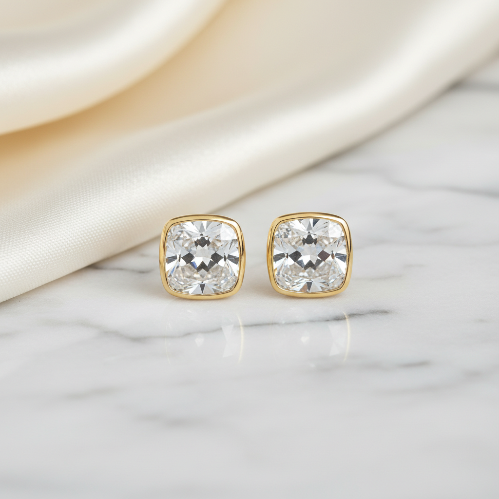 Lab Grown Diamond Cushion Bezel Stud Earrings · 2ct tw — 14K Yellow Gold