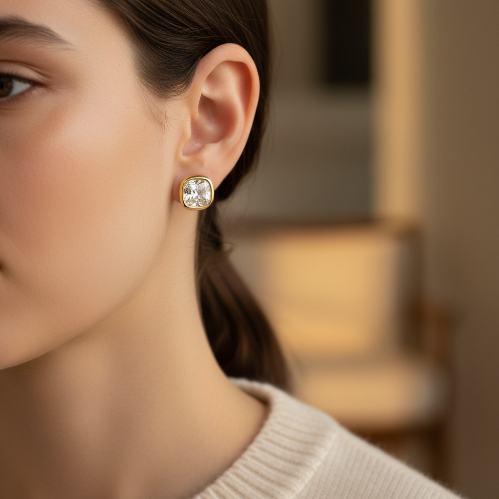 Lab Grown Diamond Cushion Bezel Stud Earrings · 4ct tw — portrait close — 14K Yellow Gold
