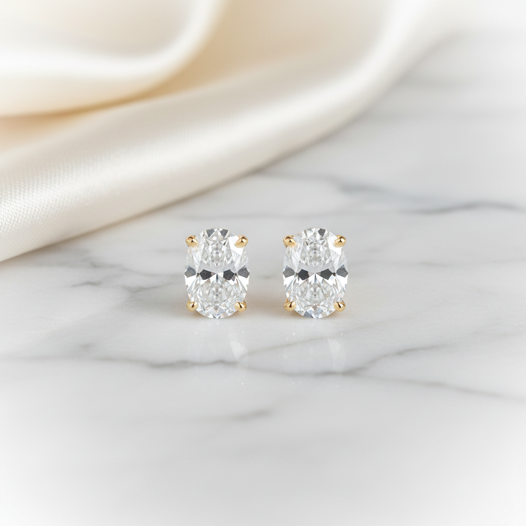 Natural Diamond Oval 4-Prong Stud Earrings · 1ct tw — 14K Yellow Gold
