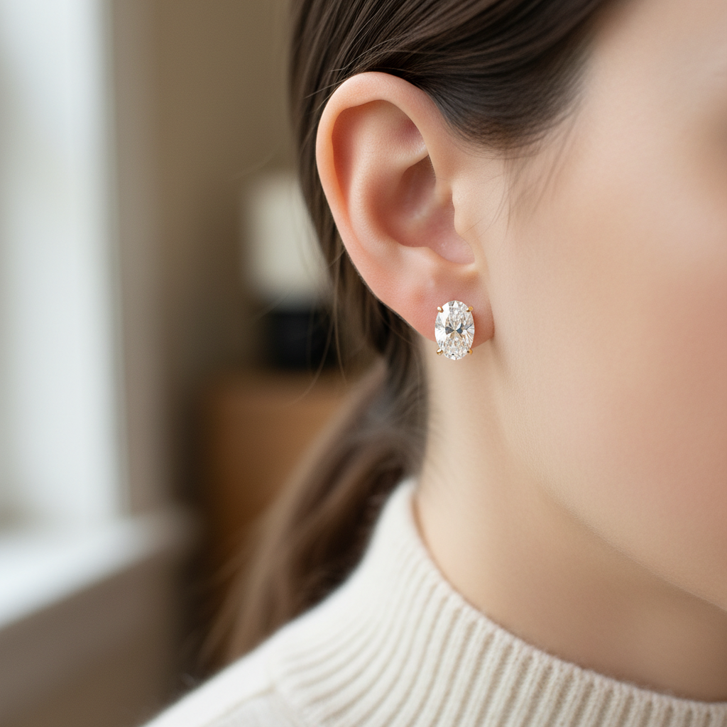 Natural Diamond Oval 4-Prong Stud Earrings · 5ct tw — portrait close — 14K Yellow Gold