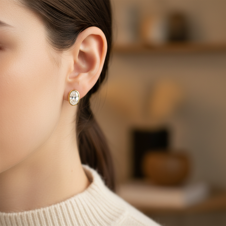 Lab Grown Diamond Oval Bezel Stud Earrings · 3ct tw, portrait close, 14K Yellow Gold