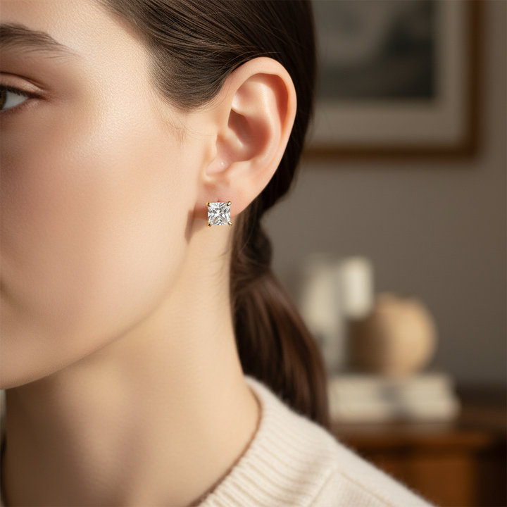 Lab Grown Diamond Princess 4-Prong Stud Earrings · 2ct tw, portrait close, 14K Yellow Gold
