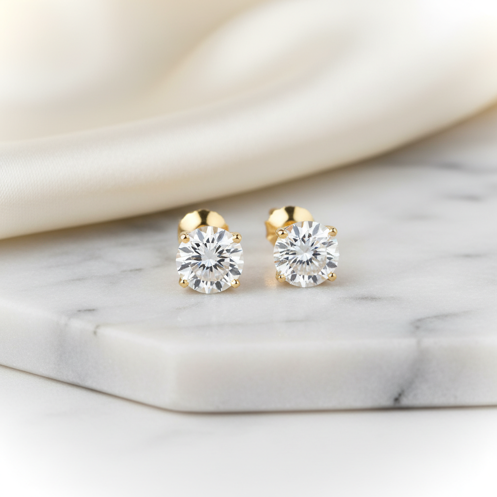 5ct tw Round Brilliant Natural Diamond Stud Earrings, Martini — 14K Yellow Gold