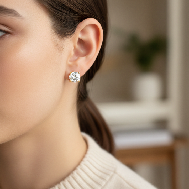 Lab Grown Diamond Round 4-Prong Stud Earrings · 4ct tw, portrait close, 14K Yellow Gold