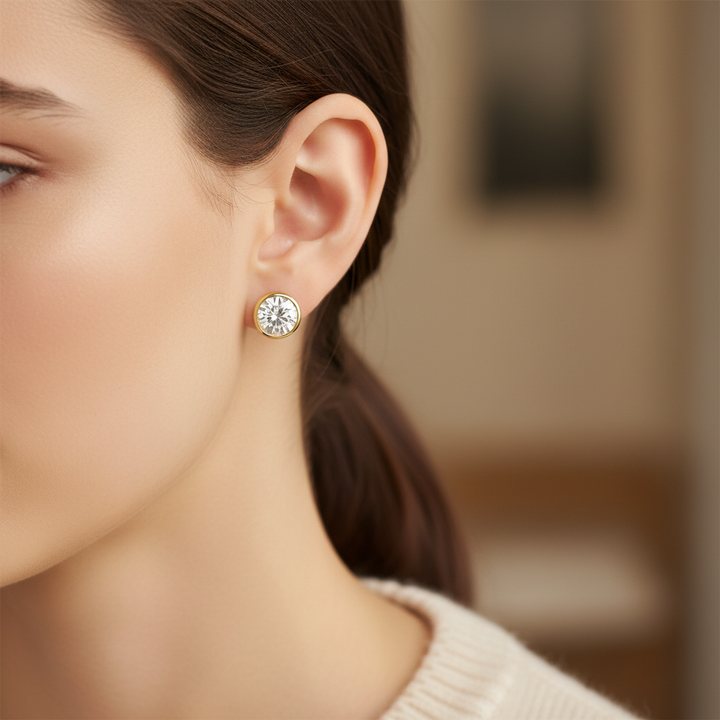 Lab Grown Diamond Round Bezel Stud Earrings · 2.5ct tw, portrait close, 14K Yellow Gold
