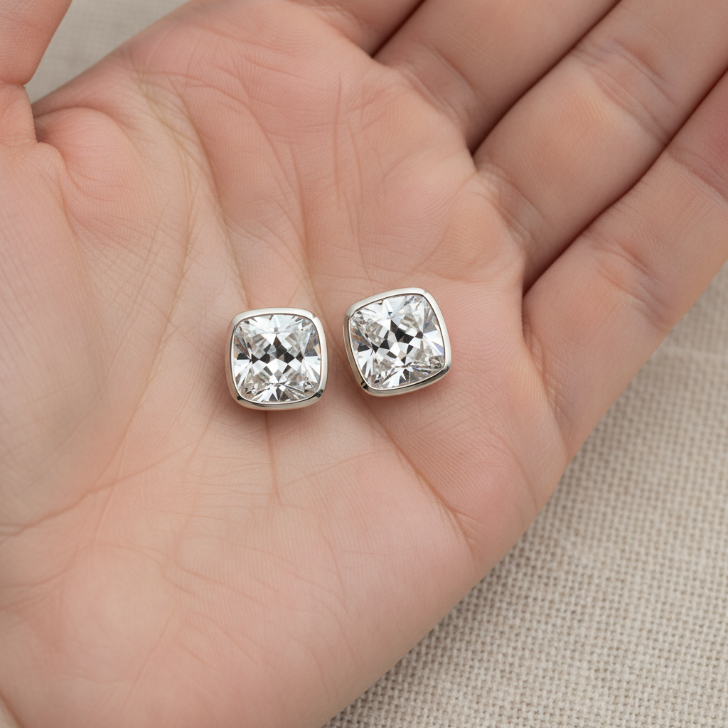 Lab Grown Diamond Cushion Bezel Stud Earrings · 2.5ct tw, hand full, Platinum